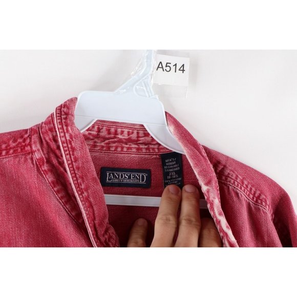 Vintage 90s Lands End Mens 2XL Faded Stonewashed Denim Button Shirt Red Cotton - Picture 5 of 8